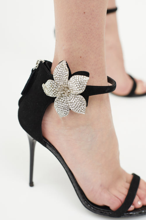 Giuseppe Zanotti Black Suede 
Crystal Flower Sandal Heel