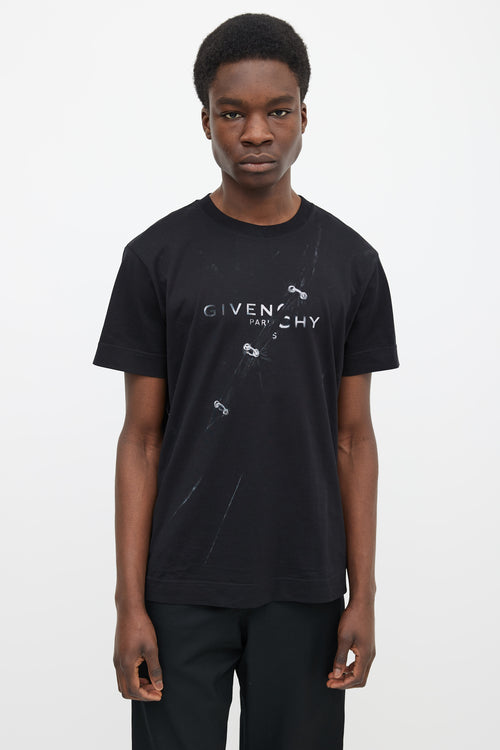 Givenchy Black Cotton 
Grey Printed Pierced Tear Logo T-Shirt