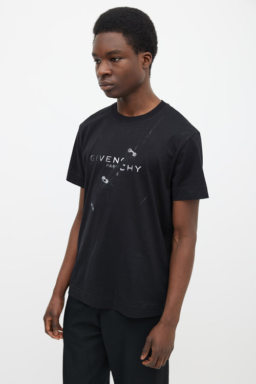 Givenchy Black Cotton 
Grey Printed Pierced Tear Logo T-Shirt