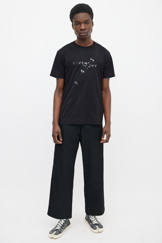 Givenchy Black Cotton 
Grey Printed Pierced Tear Logo T-Shirt