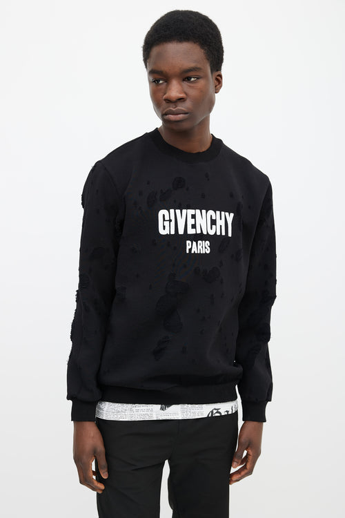 Givenchy Black Cotton 
White Logo Distressed Sweater