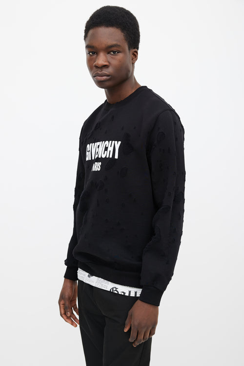 Givenchy Black Cotton 
White Logo Distressed Sweater