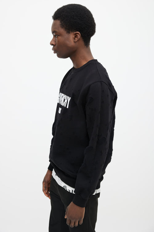 Givenchy Black Cotton 
White Logo Distressed Sweater