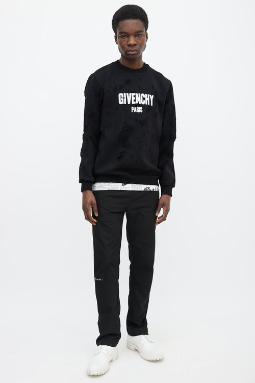 Givenchy Black Cotton 
White Logo Distressed Sweater