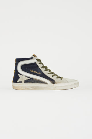 Golden Goose Navy Denim 
Grey Suede Slide High Top Sneaker