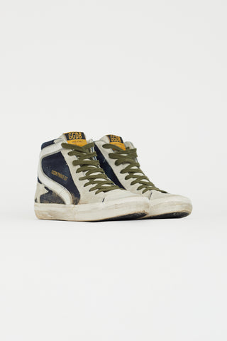 Golden Goose Navy Denim 
Grey Suede Slide High Top Sneaker