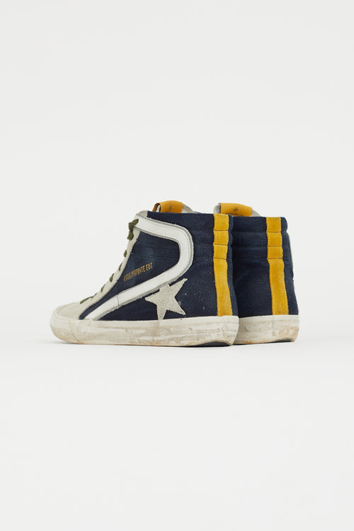 Golden Goose Navy Denim 
Grey Suede Slide High Top Sneaker