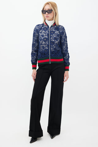 Gucci Navy Lace Striped Trim Bomber Jacket