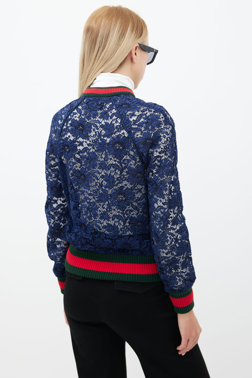 Gucci Navy Lace Striped Trim Bomber Jacket