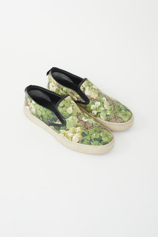 Gucci Brown 
Green Blooms Monogram Slip On Sneaker