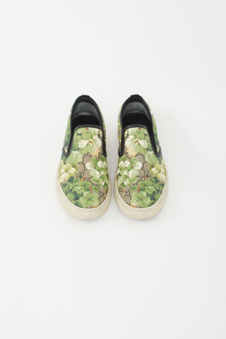 Gucci Brown 
Green Blooms Monogram Slip On Sneaker