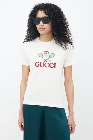 Gucci Cream GG Tennis Embroidery T-Shirt