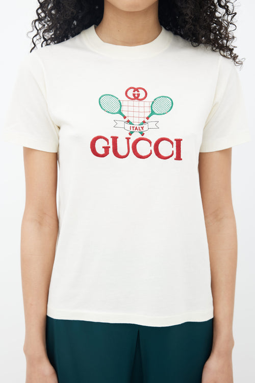 Gucci Cream GG Tennis Embroidery T-Shirt