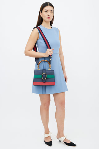 Gucci Navy, Green 
Red Leather Stripe Dionysus Bamboo Handle Bag