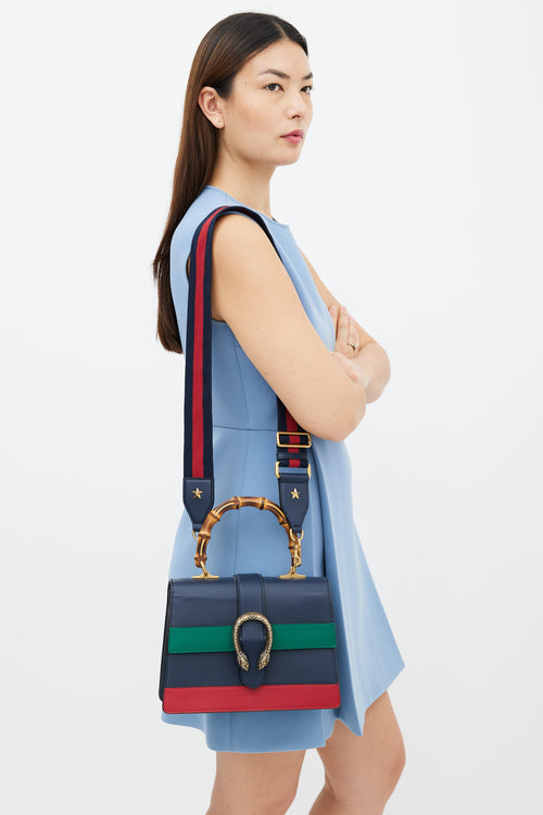 Gucci Navy, Green 
Red Leather Stripe Dionysus Bamboo Handle Bag