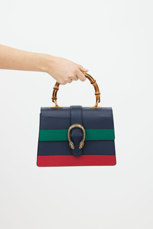 Gucci Navy, Green 
Red Leather Stripe Dionysus Bamboo Handle Bag