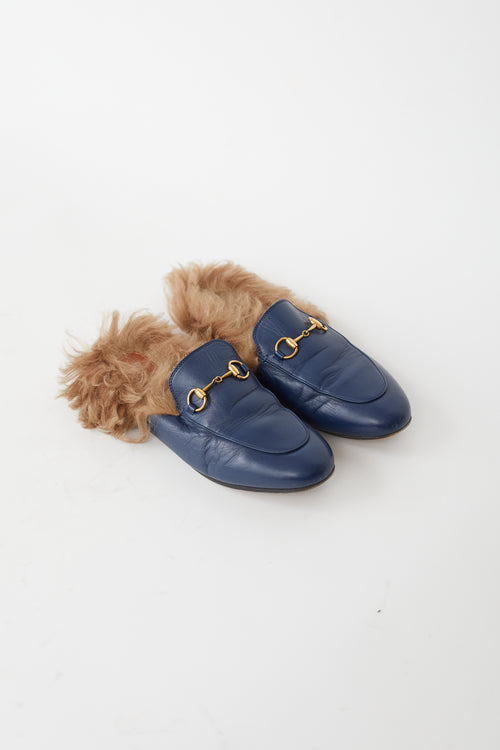 Gucci Navy Leather Princetown Fur Loafer Mule