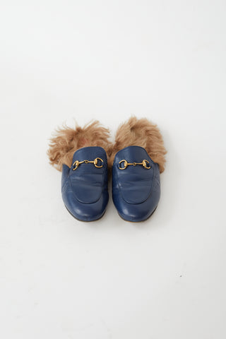 Gucci Navy Leather Princetown Fur Loafer Mule