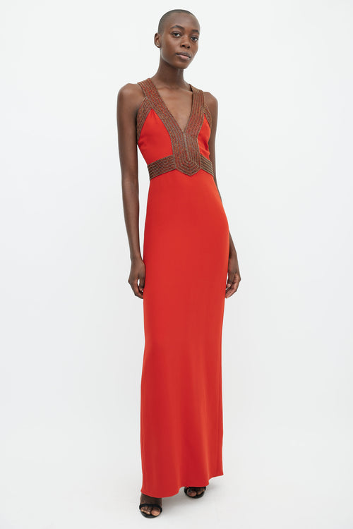 Gucci Orange Beaded V-Neck Maxi Dress