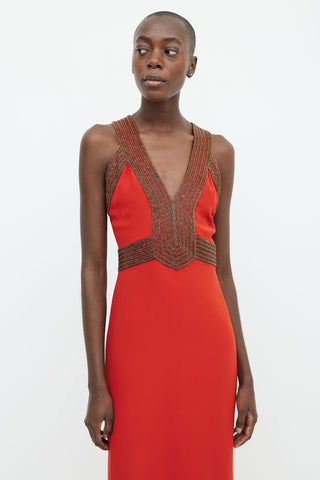 Gucci Orange Beaded V-Neck Maxi Dress