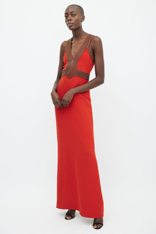 Gucci Orange Beaded V-Neck Maxi Dress