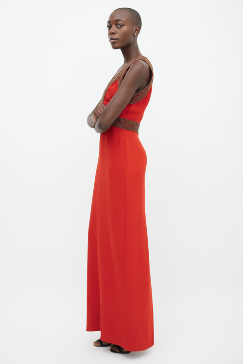 Gucci Orange Beaded V-Neck Maxi Dress