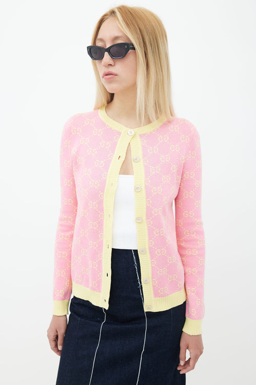 Gucci Pink 
Yellow Monogram Knit Cardigan