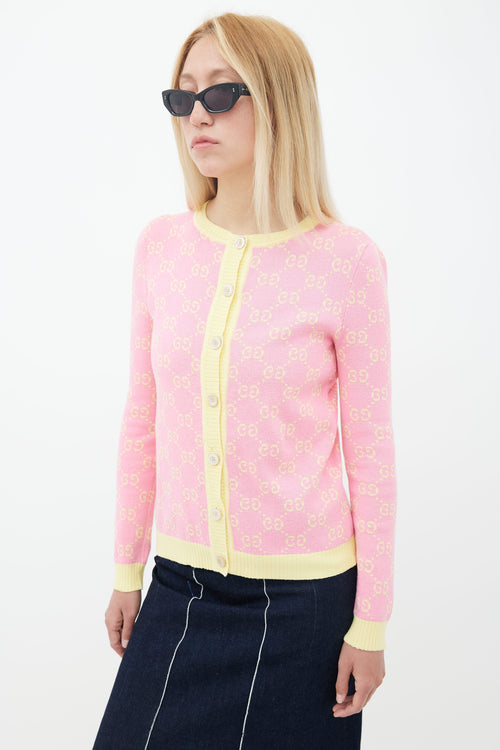 Gucci Pink 
Yellow Monogram Knit Cardigan