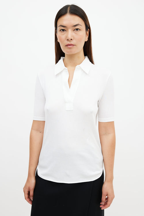 Helmut Lang White Ribbed V-Neck Polo Top