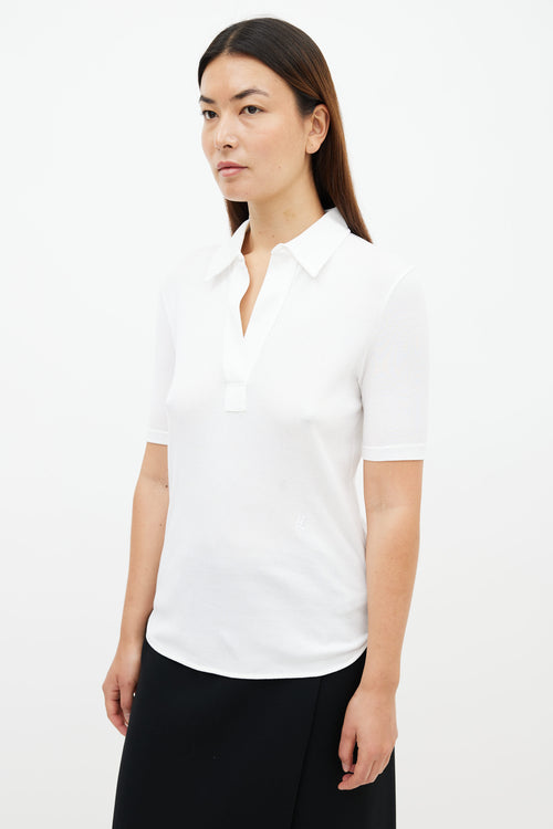 Helmut Lang White Ribbed V-Neck Polo Top