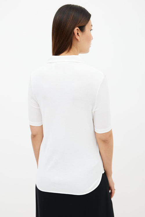 Helmut Lang White Ribbed V-Neck Polo Top