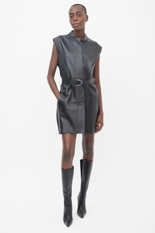 Hermès Black Leather Belted Sleeveless Dress