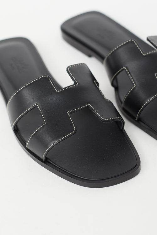 Hermès Black Leather Oran Flat Sandal