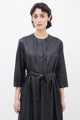 Hermès Black Leather V-Neck Belted Midi Dress