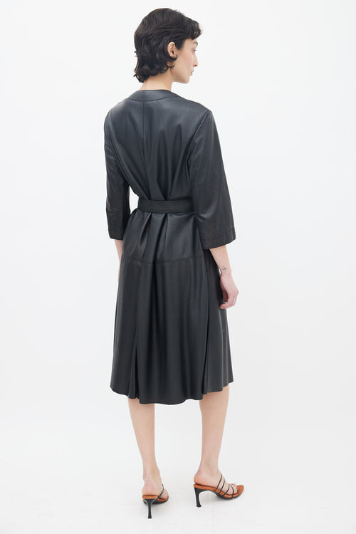 Hermès Black Leather V-Neck Belted Midi Dress