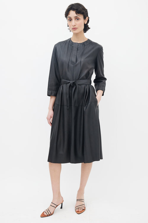 Hermès Black Leather V-Neck Belted Midi Dress