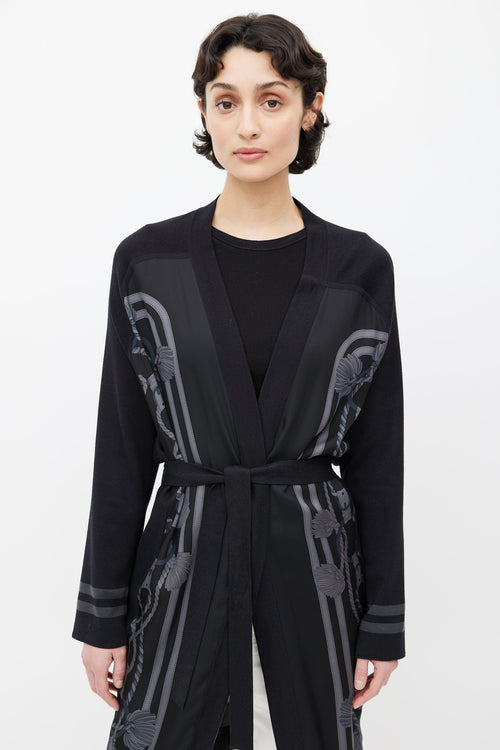 Hermès Black 
Grey Silk Print Belted Cardigan