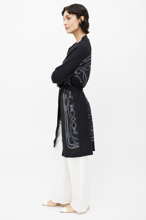 Hermès Black 
Grey Silk Print Belted Cardigan