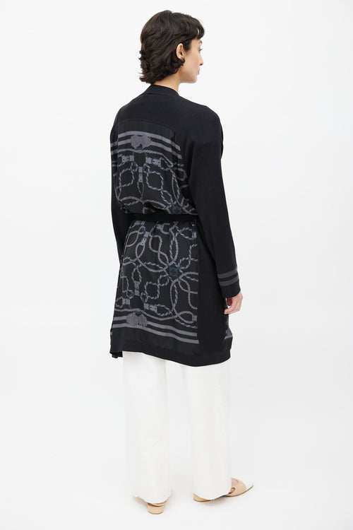 Hermès Black 
Grey Silk Print Belted Cardigan