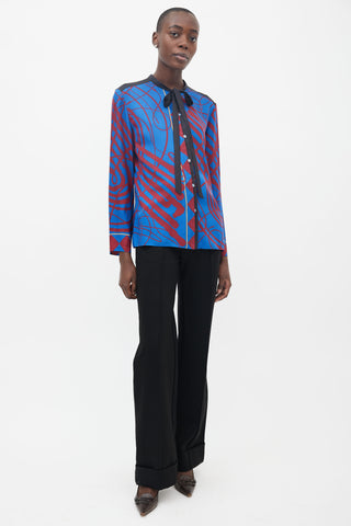 Hermès Blue 
Red Printed Neck Tie Blouse