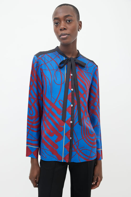 Hermès Blue 
Red Printed Neck Tie Blouse