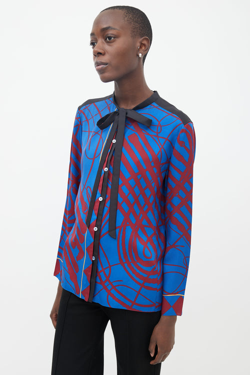 Hermès Blue 
Red Printed Neck Tie Blouse