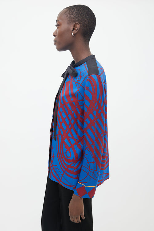 Hermès Blue 
Red Printed Neck Tie Blouse