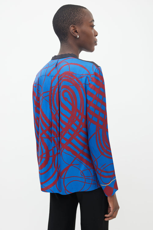 Hermès Blue 
Red Printed Neck Tie Blouse