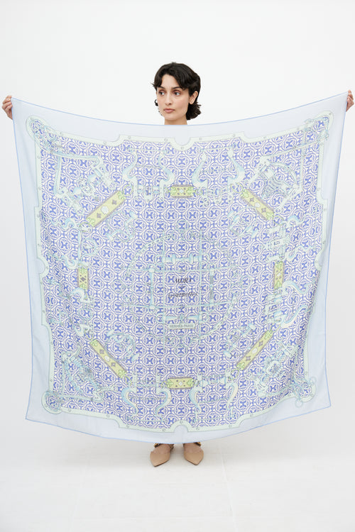 Hermès Blue Cashmere 
Silk Mors Et Gourmettes 140 Print Shawl