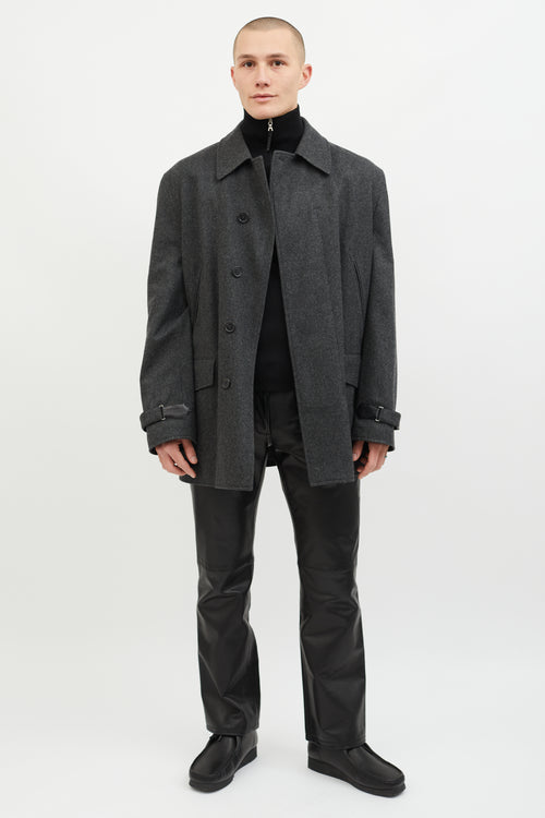 Hermès Dark Grey Wool Leather Lined Coat