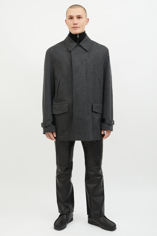 Hermès Dark Grey Wool Leather Lined Coat