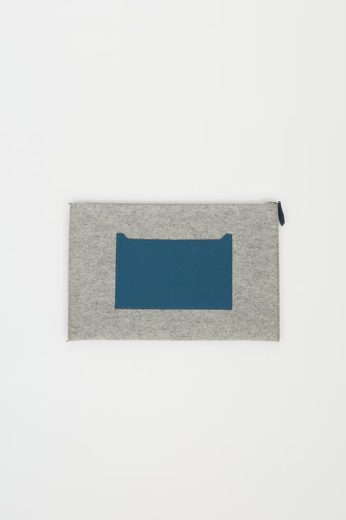 Hermès Grey Felt 
Blue Leather Toodoo Pouch