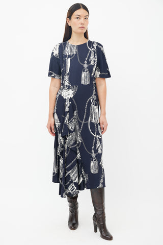 Hermès Navy 
Cream Silk Printed Ruffled Dress