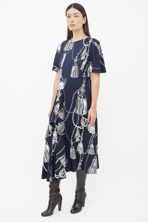 Hermès Navy 
Cream Silk Printed Ruffled Dress